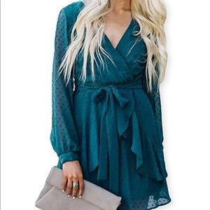 Dark Teal V Neck Swiss Dot Dress